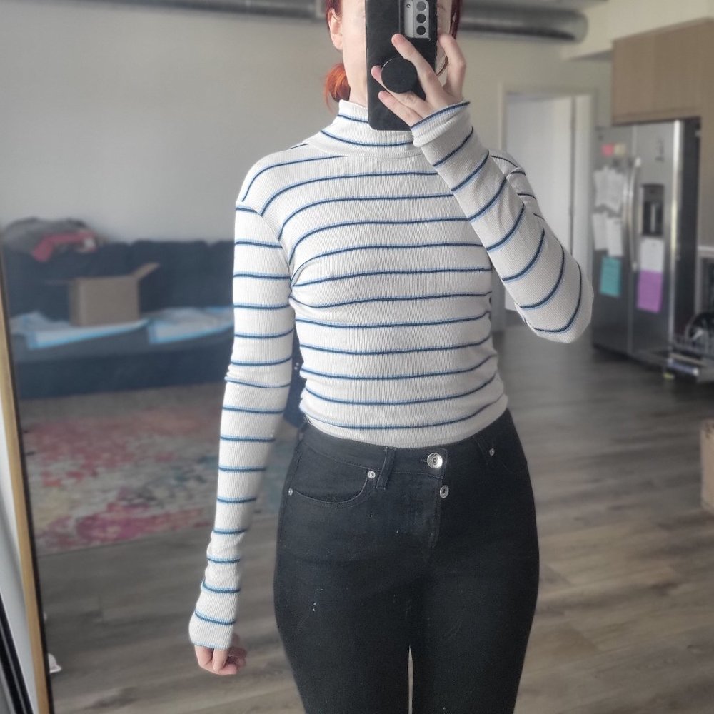 Cream Light Pink Blue Ribbed Stripe Turtleneck Mock Neck Long Sleeve Shirt